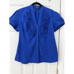 Express - Women's Essential Stretch - Short Sleeve Button Down Shirt - Blue - XL